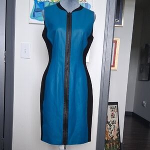 Elie Tahari Blue and Black Dress  With Leather Panel